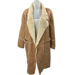 HYFVE Brown Suede Leather Faux Shearling Open Front Trench Overcoat Jacket Sz M